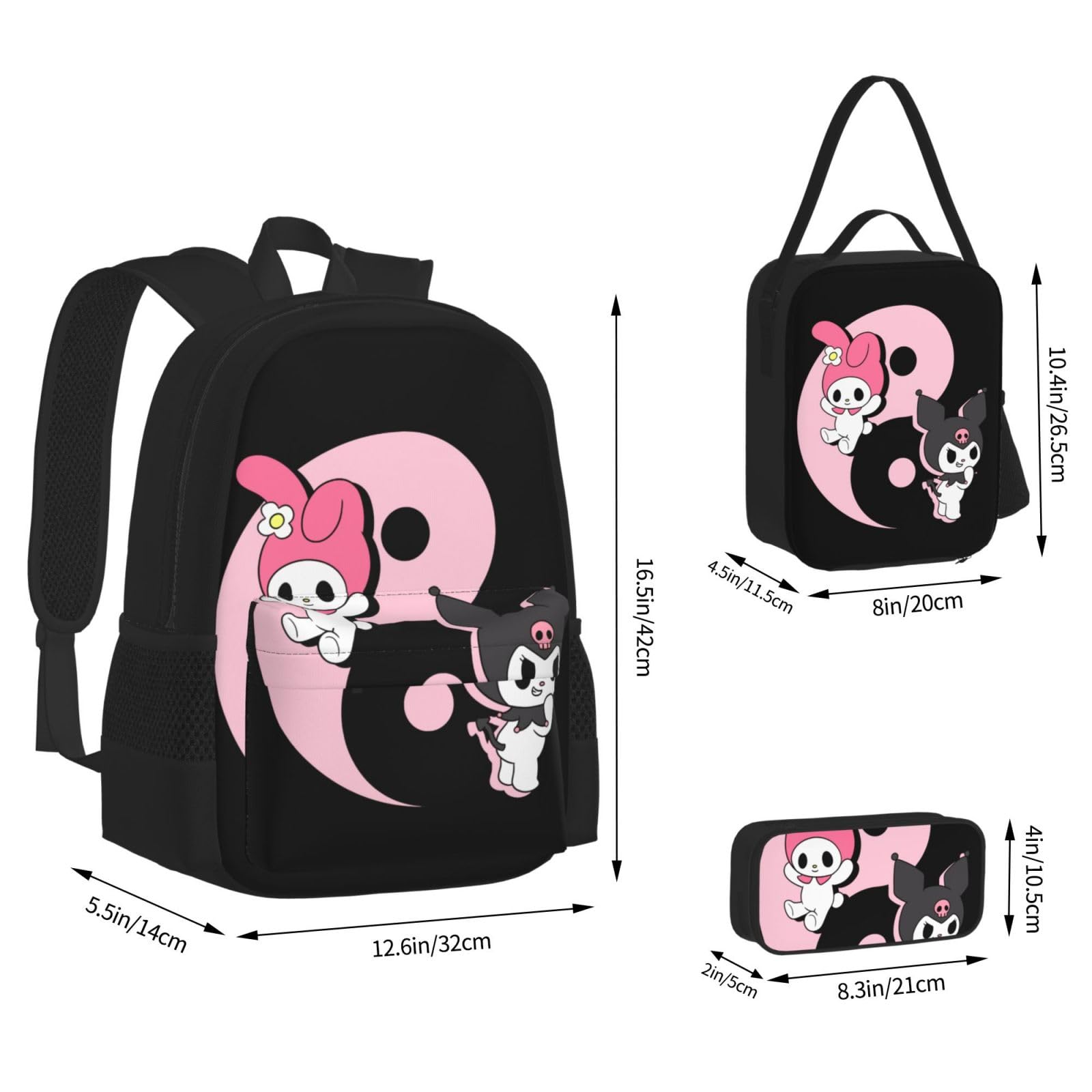 ORPJXIO Backpack 3 Piece Set Kuromi Anime My Melody Laptop Backpack Pencil Case Lunch Bag Combination For Travel Work Camping