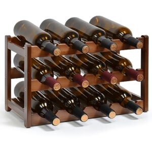 iwntwy wine rack, 12 bottles 3-tier free standing wine racks, bamboo wine rack countertop holder storage shelf for kitchen cabinet dining room bar (brown)