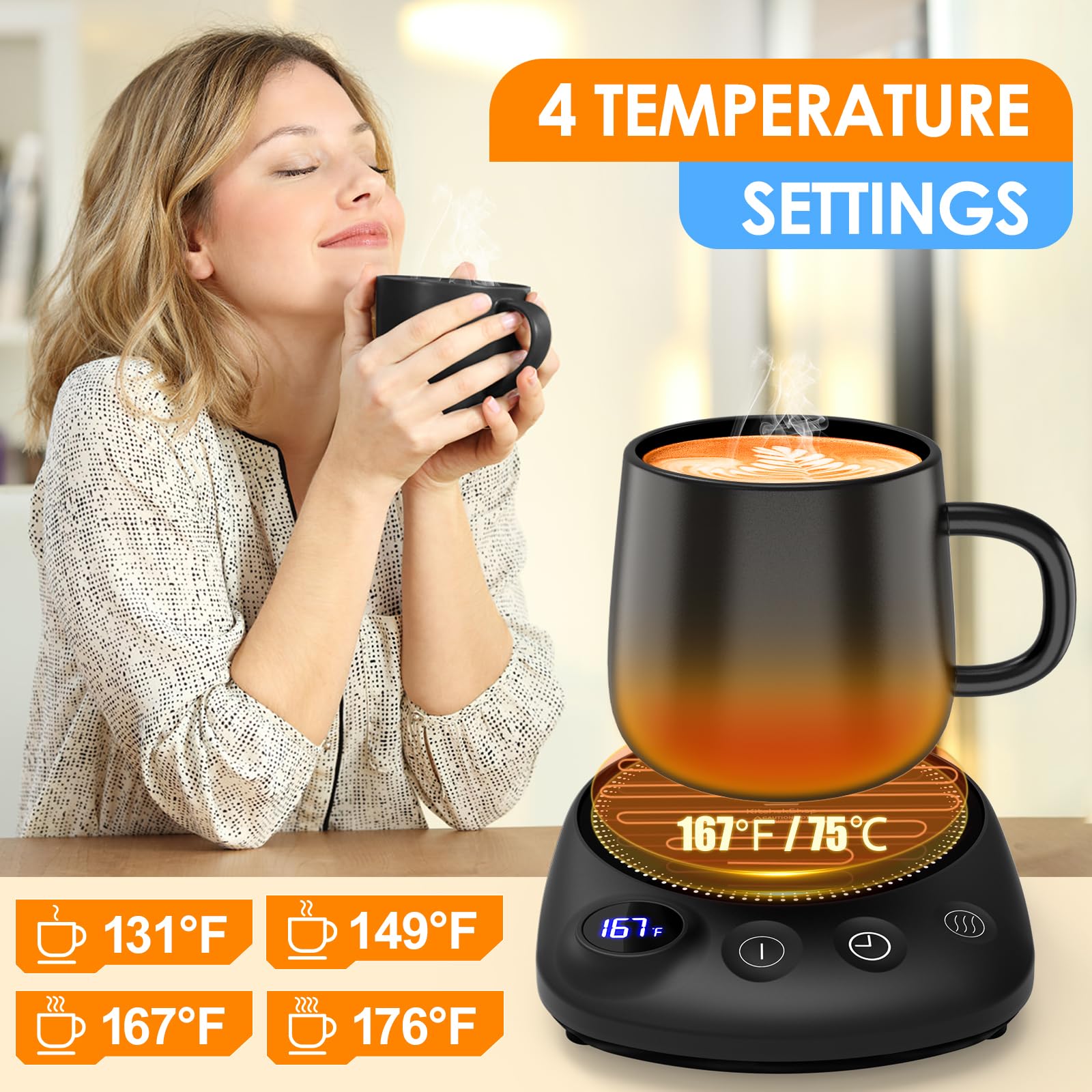 Coffee Mug Warmer - Fastest Heating & Highest Temperature, Coffee Cup Warmer for Desk Auto Shut Off, 4 Temp Settings & 1-12H Timer, Smart Electric Beverage Warmer for Coffee, Tea, Water, Milk and Coco