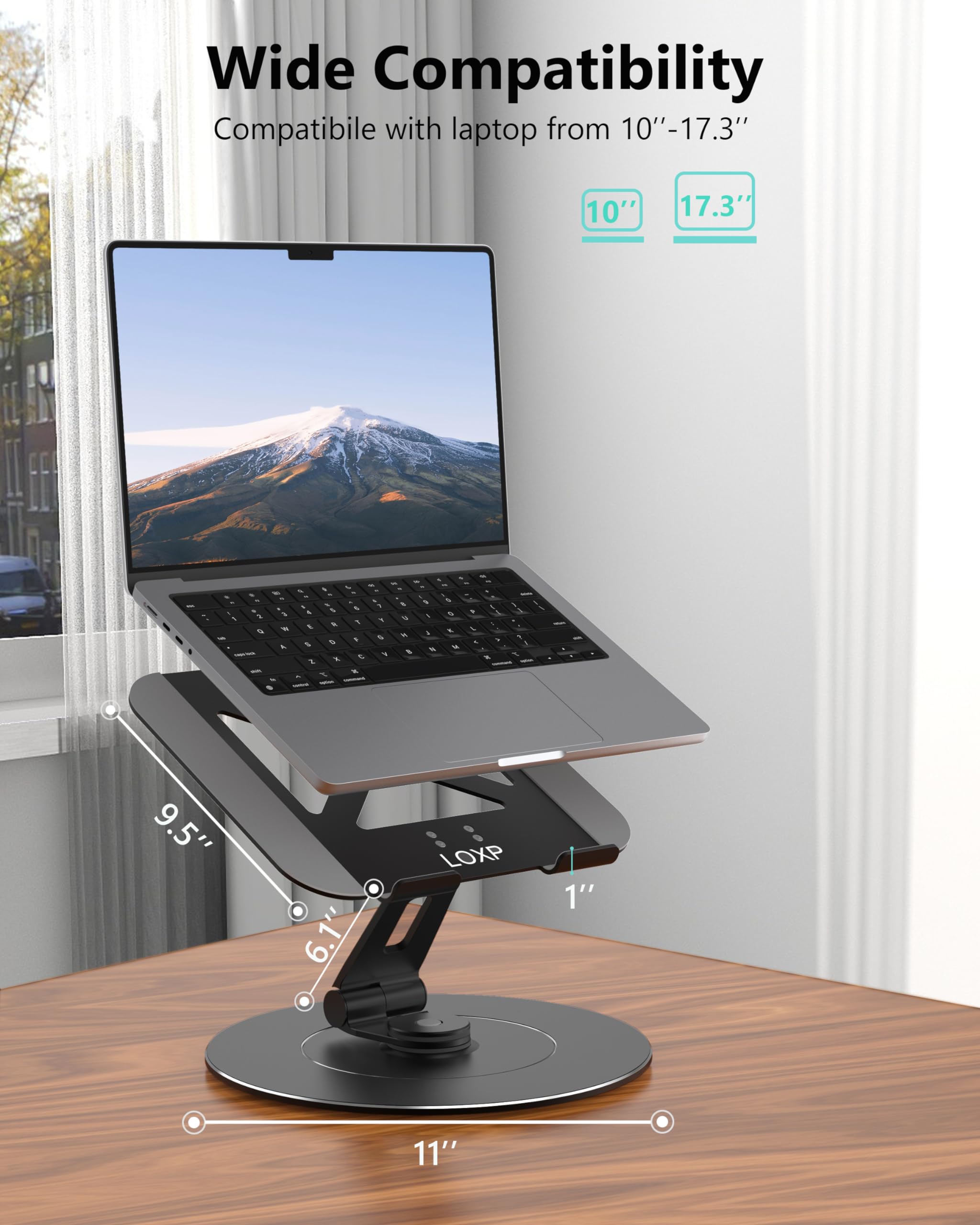 LOXP Ultra-Stable Aluminumy Swivel Laptop Stand for Desk with Rotating Foldable Phone Holder, 300% Large Base Stability, Anti-Loosening,Suitable for 10"-17.3" Laptops, Black
