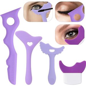 FEBSNOW Eyeliner Stencils 4pcs Multifunction Eye Make Up Aid Tool Silicone Eyeshadow Shield Guard with 4 Mascara Brushes Easy to Use Make Up tools(Purple)