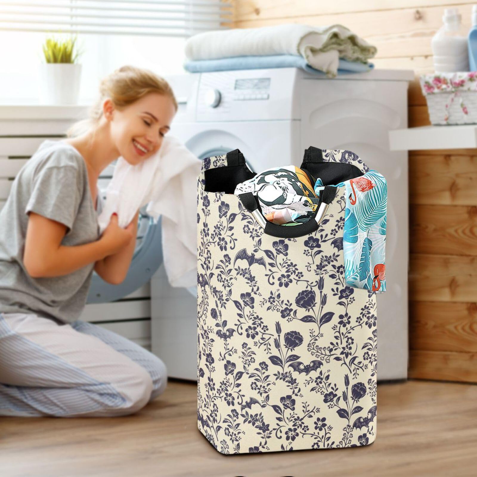 XUWU Laundry Basket Collapsible Laundry Hamper Folding Washing Bin Organizer Baskets with Handle for Dirty Cloth Toy, Goth Bats Skull