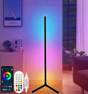 rgb corner floor lamp, color changing mood lighting with app and remote control, music sync/diy colors, modern led floor lamp for bedroom living rooms gaming room, 16 million colors & scene mode