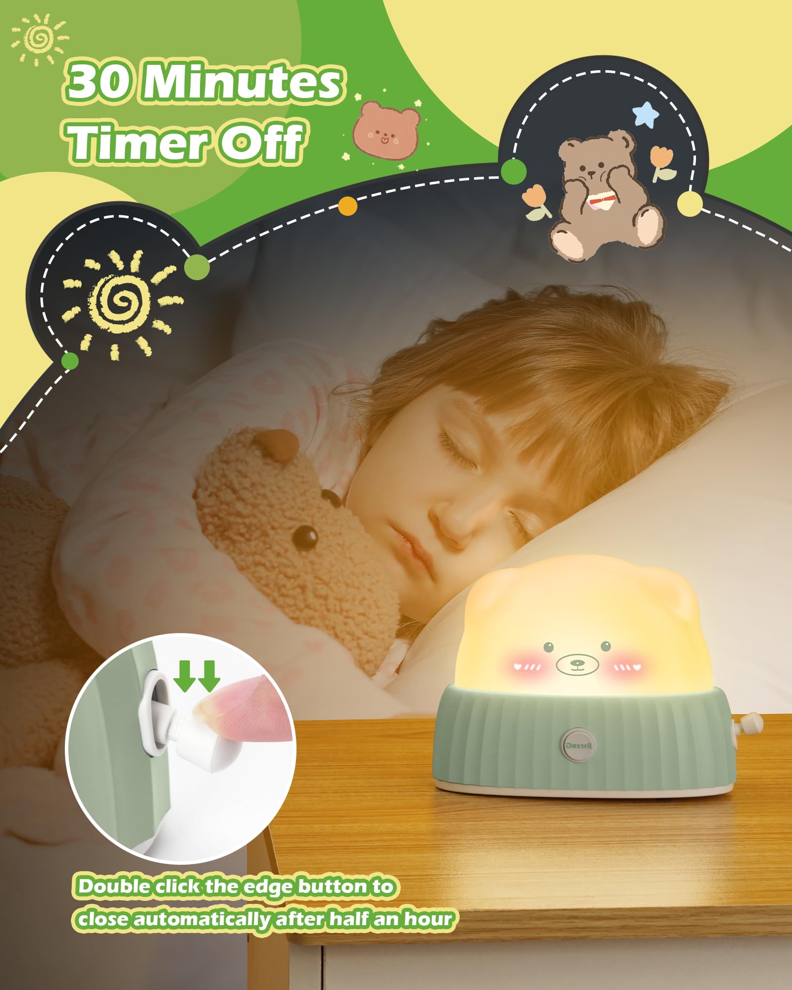 Daxtril Night Light for Kids Cute Lamp, Bear Cat Lamp Kawaii Room Decor, Kids Toys for Girls, Stocking Stuffers for Kids, Christmas Gifts for Teenage Girls Kids Boys, Rechargeable Touch Lamp, Green