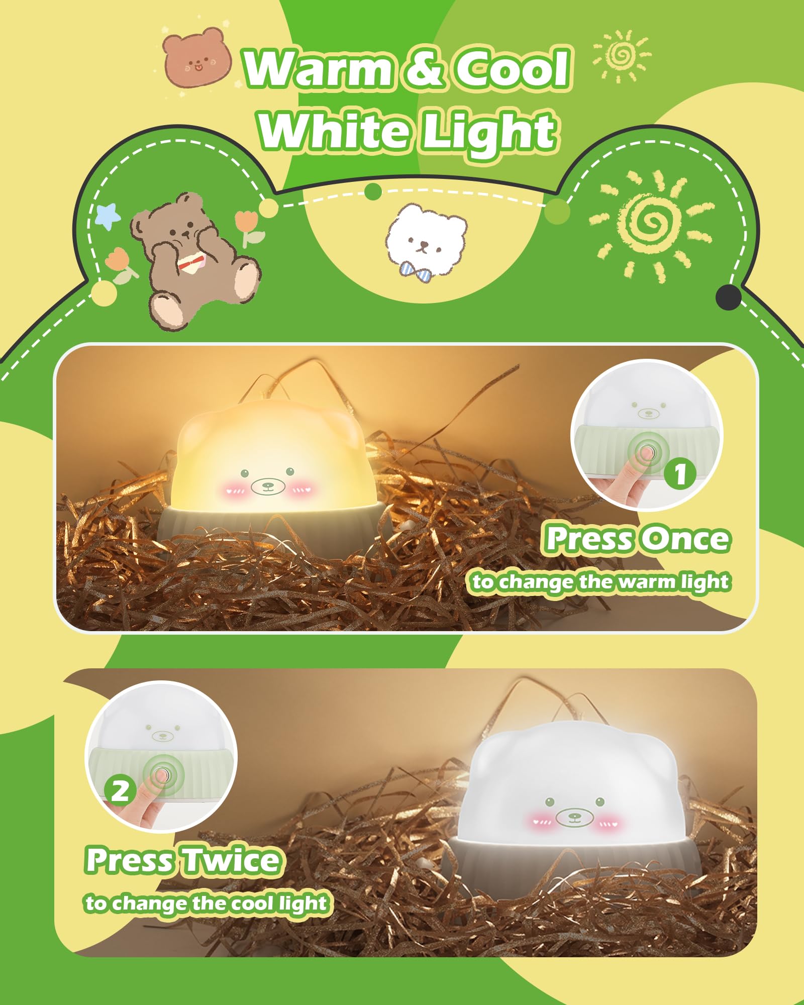 Daxtril Night Light for Kids Cute Lamp, Bear Cat Lamp Kawaii Room Decor, Kids Toys for Girls, Stocking Stuffers for Kids, Christmas Gifts for Teenage Girls Kids Boys, Rechargeable Touch Lamp, Green