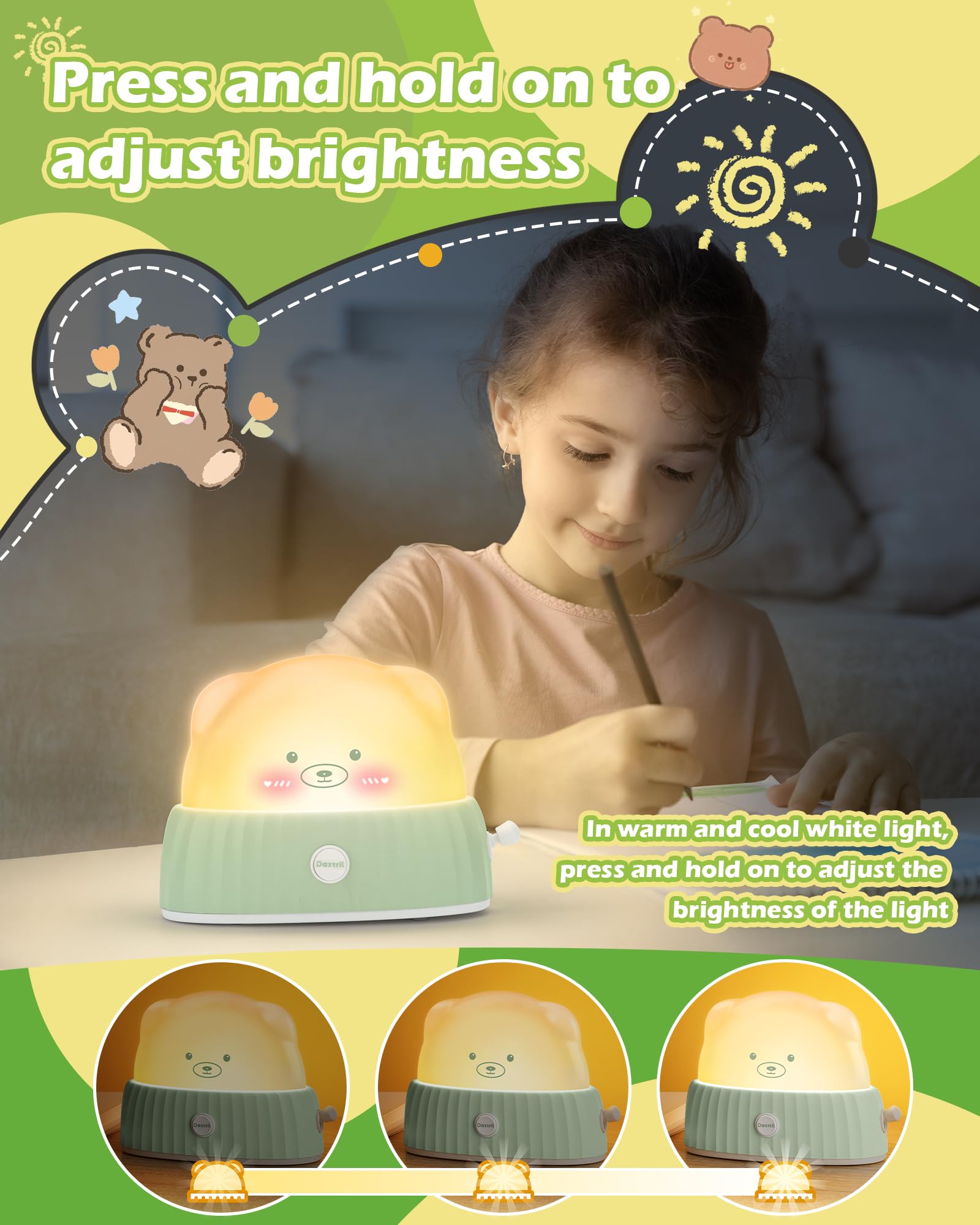 Daxtril Night Light for Kids Cute Lamp, Bear Cat Lamp Kawaii Room Decor, Kids Toys for Girls, Stocking Stuffers for Kids, Christmas Gifts for Teenage Girls Kids Boys, Rechargeable Touch Lamp, Green