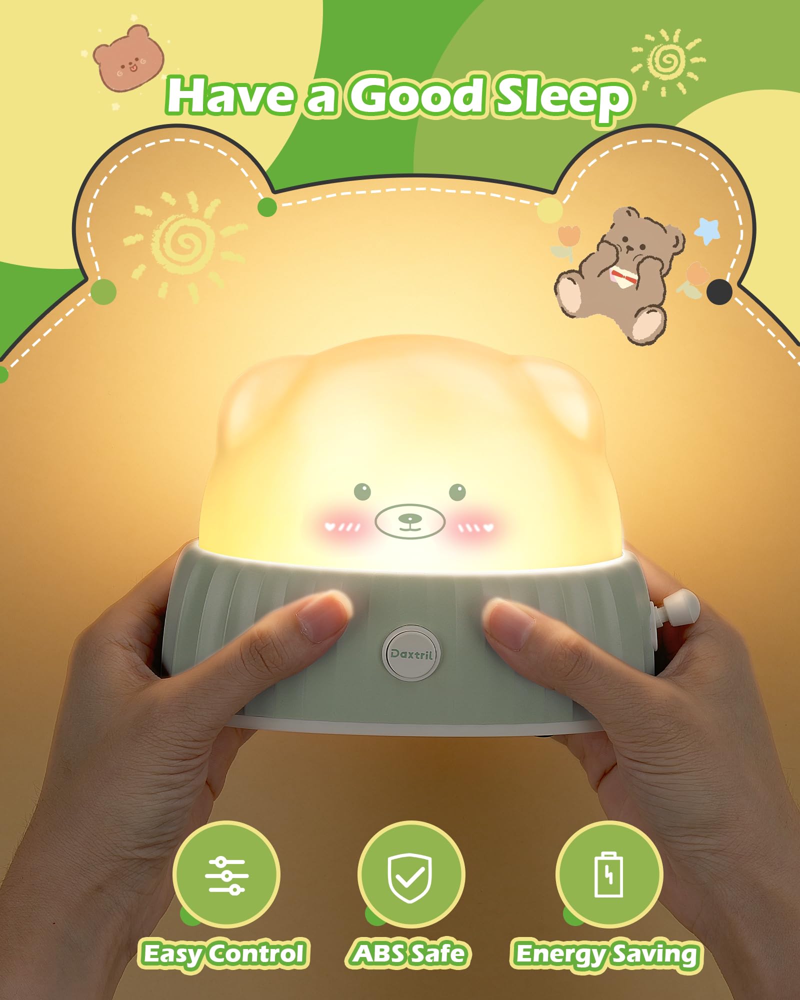 Daxtril Night Light for Kids Cute Lamp, Bear Cat Lamp Kawaii Room Decor, Kids Toys for Girls, Stocking Stuffers for Kids, Christmas Gifts for Teenage Girls Kids Boys, Rechargeable Touch Lamp, Green