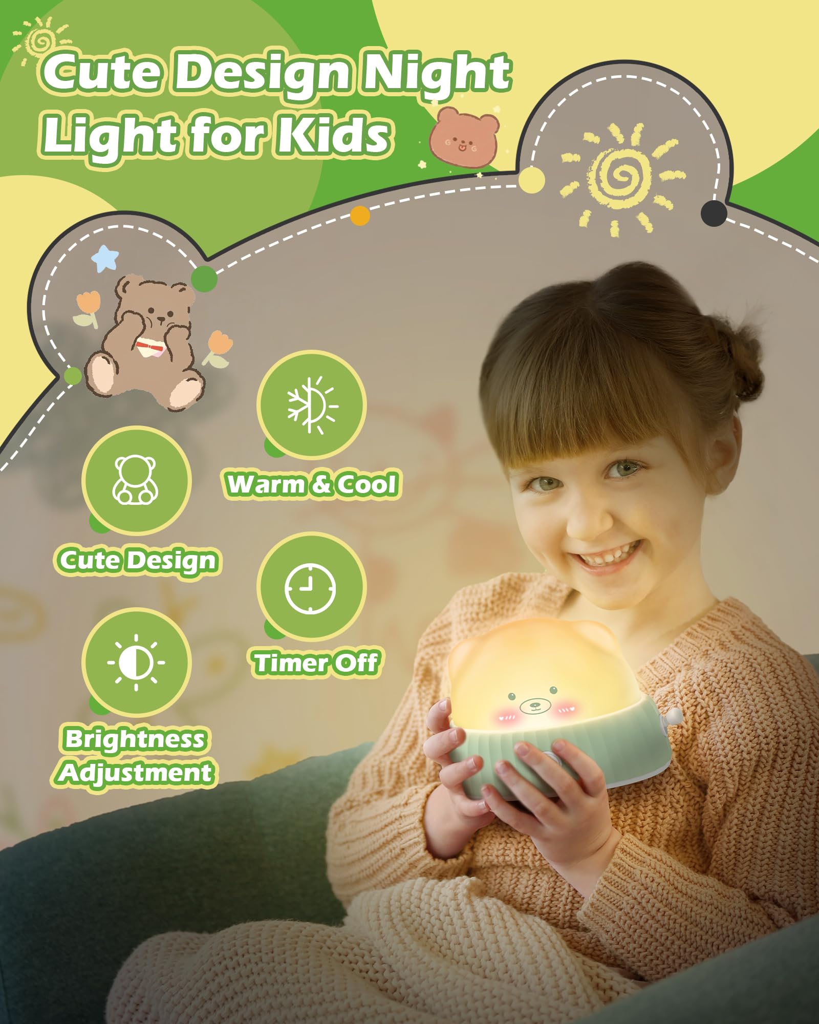 Daxtril Night Light for Kids Cute Lamp, Bear Cat Lamp Kawaii Room Decor, Kids Toys for Girls, Stocking Stuffers for Kids, Christmas Gifts for Teenage Girls Kids Boys, Rechargeable Touch Lamp, Green