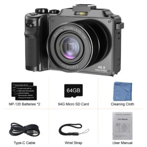 KOMERY 4K Digital Camera for Photography,48MP Vlogging Camera for YouTube,Multi-Filters Point and Shoot Camera,WiFi Travel Camera with Auto Focus,18X Zoom,64G TF Cards,2 Batteries for Beginners-Black