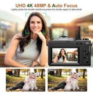 KOMERY 4K Digital Camera for Photography,48MP Vlogging Camera for YouTube,Multi-Filters Point and Shoot Camera,WiFi Travel Camera with Auto Focus,18X Zoom,64G TF Cards,2 Batteries for Beginners-Black