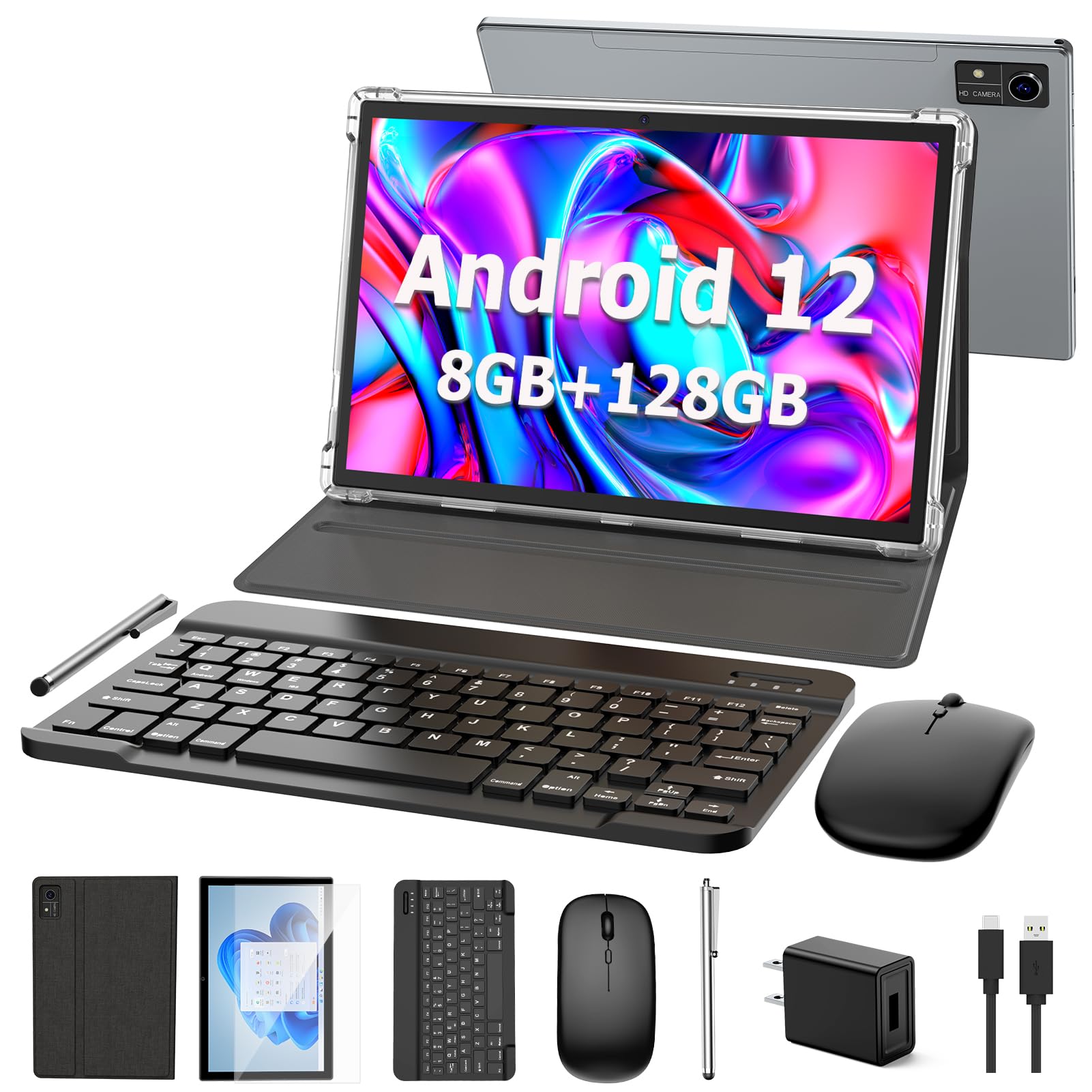 YOBANSE Android Tablet 10 inch, Android 12 Tablet, 8GB RAM 128GB ROM,1TB Expand, 5G WiFi, 4G/LTE, Bluetooth, 8000mAh Battery, GMS Certified, 2 in 1 Tablet with Keyboard, Mouse, Case, Stylus(Black)