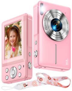 1080p kids digital camera with lanyard (no sd card), 44mp digital point and shoot camera with 16x zoom, anti-shake, vlogging camera for students