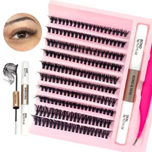 40D Lash Extension Kit 200 Pcs Lash Clusters DIY Individual Lashes Eyelash Extension Kit D Curl Volume Cluster Lashes Wispy with Long Lasting Lash Bond and Seal and Lash Tweezers