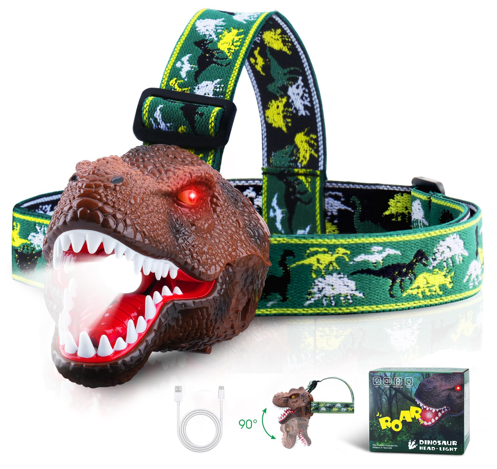 ELLA MAMA Upgraded Rechargeable Dinosaur Headlamp for Kids, Led Flashlight for Boys or Girls Outdoor Camping Gear, Roar & Silent Mode- Ideal Gift for Birthday, Halloween, Christmas