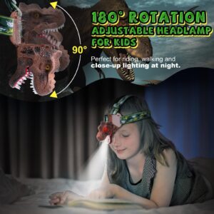 ELLA MAMA Upgraded Rechargeable Dinosaur Headlamp for Kids, Led Flashlight for Boys or Girls Outdoor Camping Gear, Roar & Silent Mode- Ideal Gift for Birthday, Halloween, Christmas