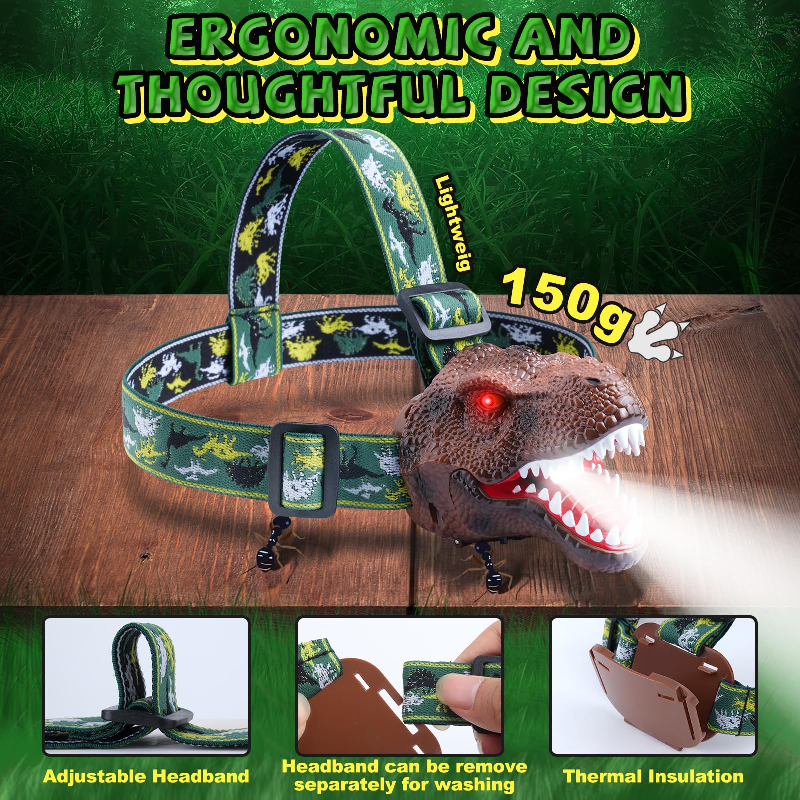 ELLA MAMA Upgraded Rechargeable Dinosaur Headlamp for Kids, Led Flashlight for Boys or Girls Outdoor Camping Gear, Roar & Silent Mode- Ideal Gift for Birthday, Halloween, Christmas