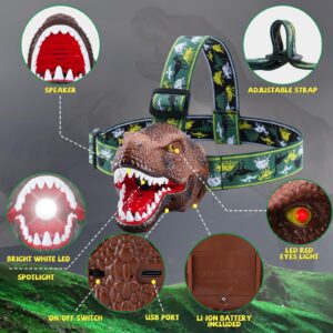 ELLA MAMA Upgraded Rechargeable Dinosaur Headlamp for Kids, Led Flashlight for Boys or Girls Outdoor Camping Gear, Roar & Silent Mode- Ideal Gift for Birthday, Halloween, Christmas