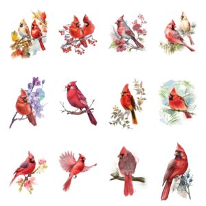 12 sheets red cardinals birds temporary tattoos, watercolor flowers birds realistic tattoo stickers body art for girls boys kids adults