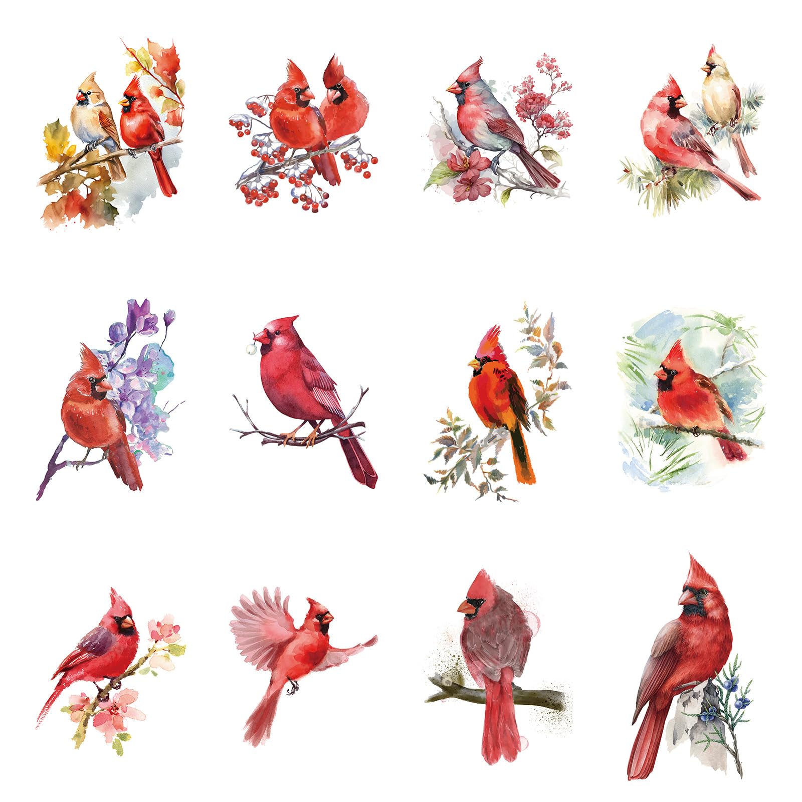 12 Sheets Red Cardinals Birds Temporary Tattoos, Watercolor Flowers Birds Realistic Tattoo Stickers Body Art for Girls Boys Kids Adults