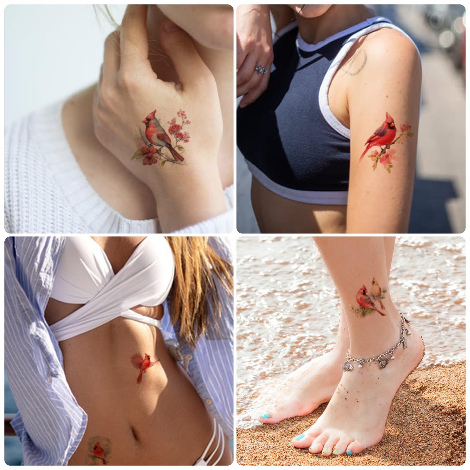 12 Sheets Red Cardinals Birds Temporary Tattoos, Watercolor Flowers Birds Realistic Tattoo Stickers Body Art for Girls Boys Kids Adults