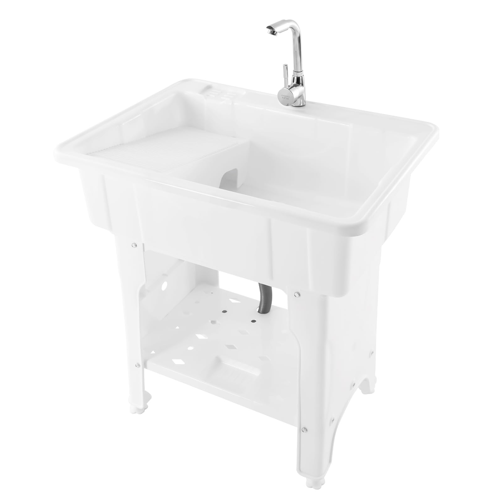 Laundry Sink,Freestanding Plastic Laundry Sink with Washboard,Utility Sink with Hot and Cold Faucet,Hoses and Drain Kit for Garage Basement Garden (25.59x21.65x31.5inch)