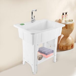 Laundry Sink,Freestanding Plastic Laundry Sink with Washboard,Utility Sink with Hot and Cold Faucet,Hoses and Drain Kit for Garage Basement Garden (25.59x21.65x31.5inch)