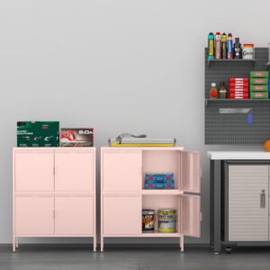 Ustamio 4 Doors Metal Office Storage Cabinet, Freestanding 2 Tier Steel Locker Cabinet for Home, Office, School and Classroom, Multipurpose Metal Storage Rack with Doors, Pink