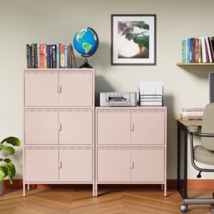 Ustamio 4 Doors Metal Office Storage Cabinet, Freestanding 2 Tier Steel Locker Cabinet for Home, Office, School and Classroom, Multipurpose Metal Storage Rack with Doors, Pink