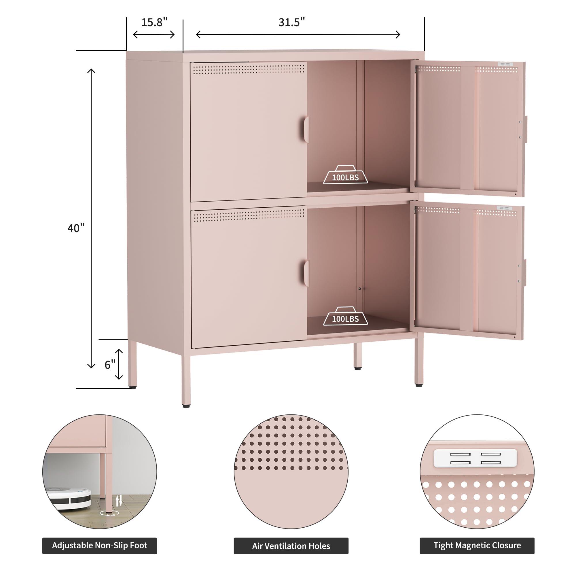 Ustamio 4 Doors Metal Office Storage Cabinet, Freestanding 2 Tier Steel Locker Cabinet for Home, Office, School and Classroom, Multipurpose Metal Storage Rack with Doors, Pink