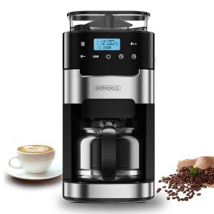 HOMOKUS 10-Cup Coffee Maker with Grinder, Touch Screen, Automatic Brew, Warming Plate, 1.5L Water Tank, Removable Filter - For Home and Office