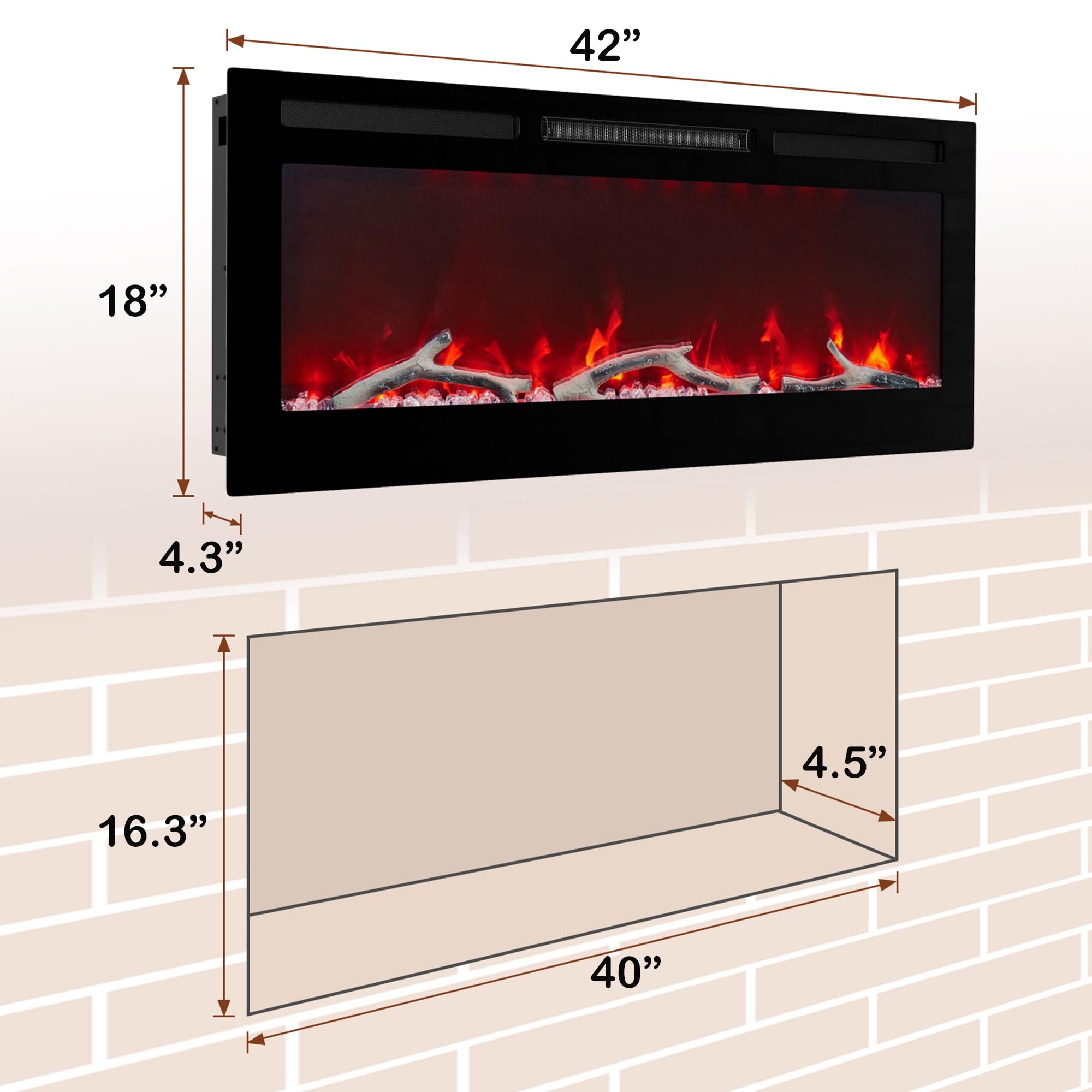 42 Inch Electric Fireplace Recessed and Wall Mounted, LED Linear Fireplace with Remote Control Ultra-Thin and Low Noise 1500W Adjustable 6 Flame Options, Timer