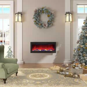 42 Inch Electric Fireplace Recessed and Wall Mounted, LED Linear Fireplace with Remote Control Ultra-Thin and Low Noise 1500W Adjustable 6 Flame Options, Timer