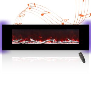 60 inch electric fireplace with bluetooth speakers wall mounted low noise ultra-thin linear fireplace adjustable 8 flame colors, control by button and remote, 8h timer (no-recessed)