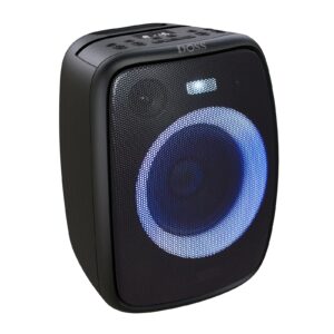 doss outdoor bluetooth speaker with subwoofer, 60w powerful sound, rich bass, dual dsp, mixed colors lights, partysync, mic and guitar inputs, karaoke machine for backyard and poolside party