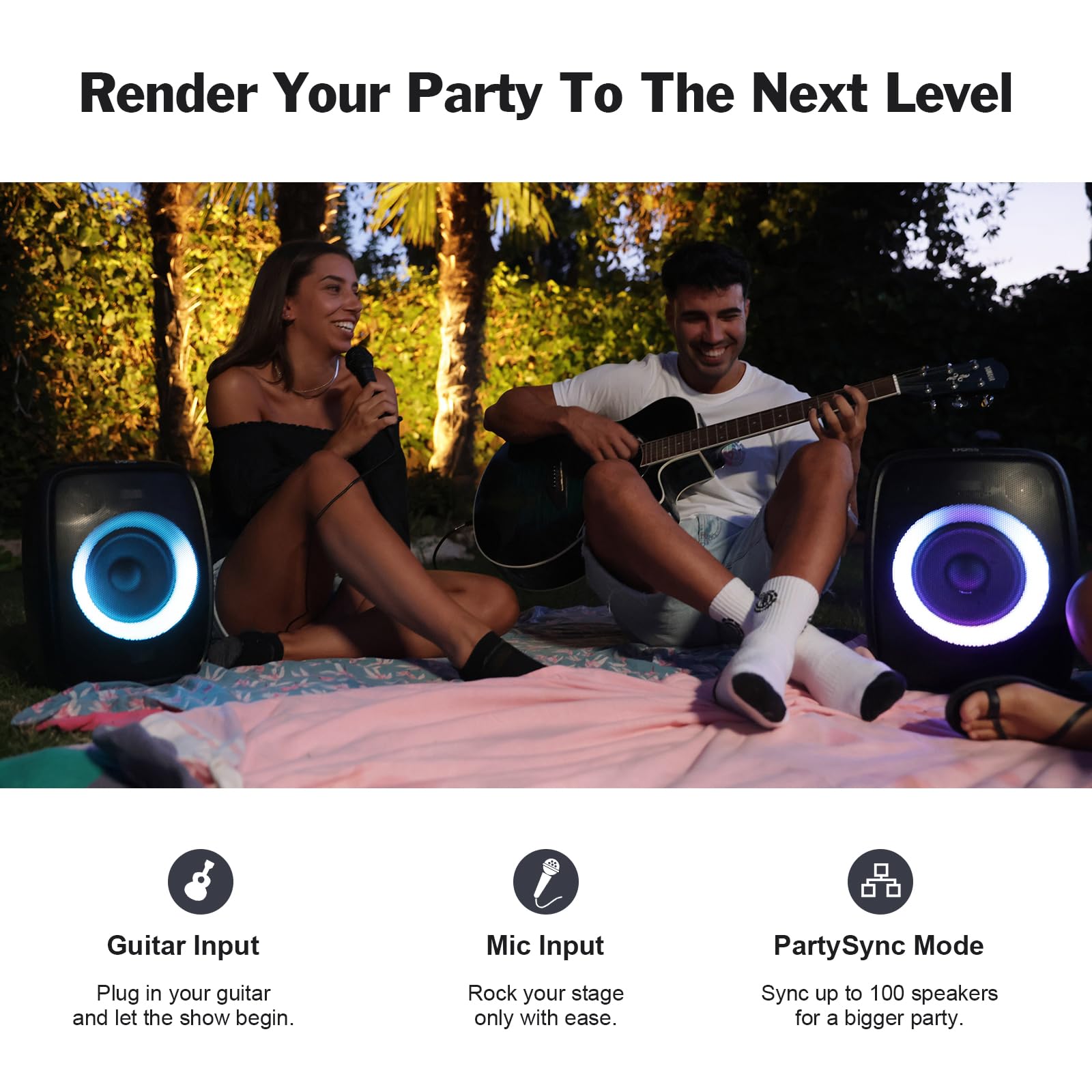 DOSS Outdoor Bluetooth Speaker with Subwoofer, 60W Powerful Sound, Rich Bass, Dual DSP, Mixed Colors Lights, PartySync, Mic and Guitar Inputs, Karaoke Machine for Backyard and Poolside Party