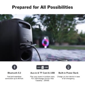 DOSS Outdoor Bluetooth Speaker with Subwoofer, 60W Powerful Sound, Rich Bass, Dual DSP, Mixed Colors Lights, PartySync, Mic and Guitar Inputs, Karaoke Machine for Backyard and Poolside Party