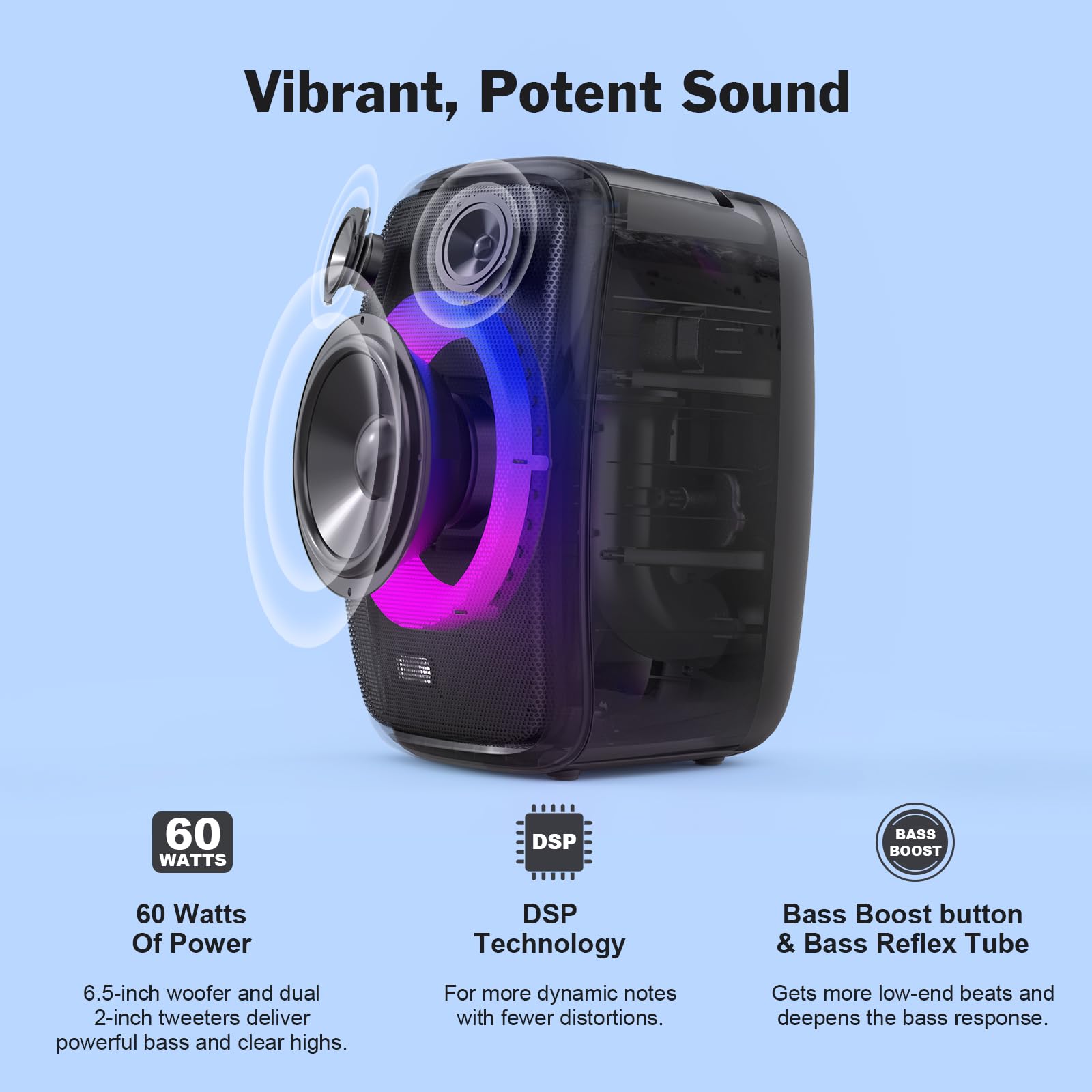 DOSS Outdoor Bluetooth Speaker with Subwoofer, 60W Powerful Sound, Rich Bass, Dual DSP, Mixed Colors Lights, PartySync, Mic and Guitar Inputs, Karaoke Machine for Backyard and Poolside Party