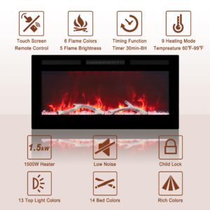 36 Inch Electric Fireplace Recessed and Wall Mounted, LED Linear Fireplace with Remote Control Ultra-Thin and Low Noise 1500W Adjustable 6 Flame Options, Timer