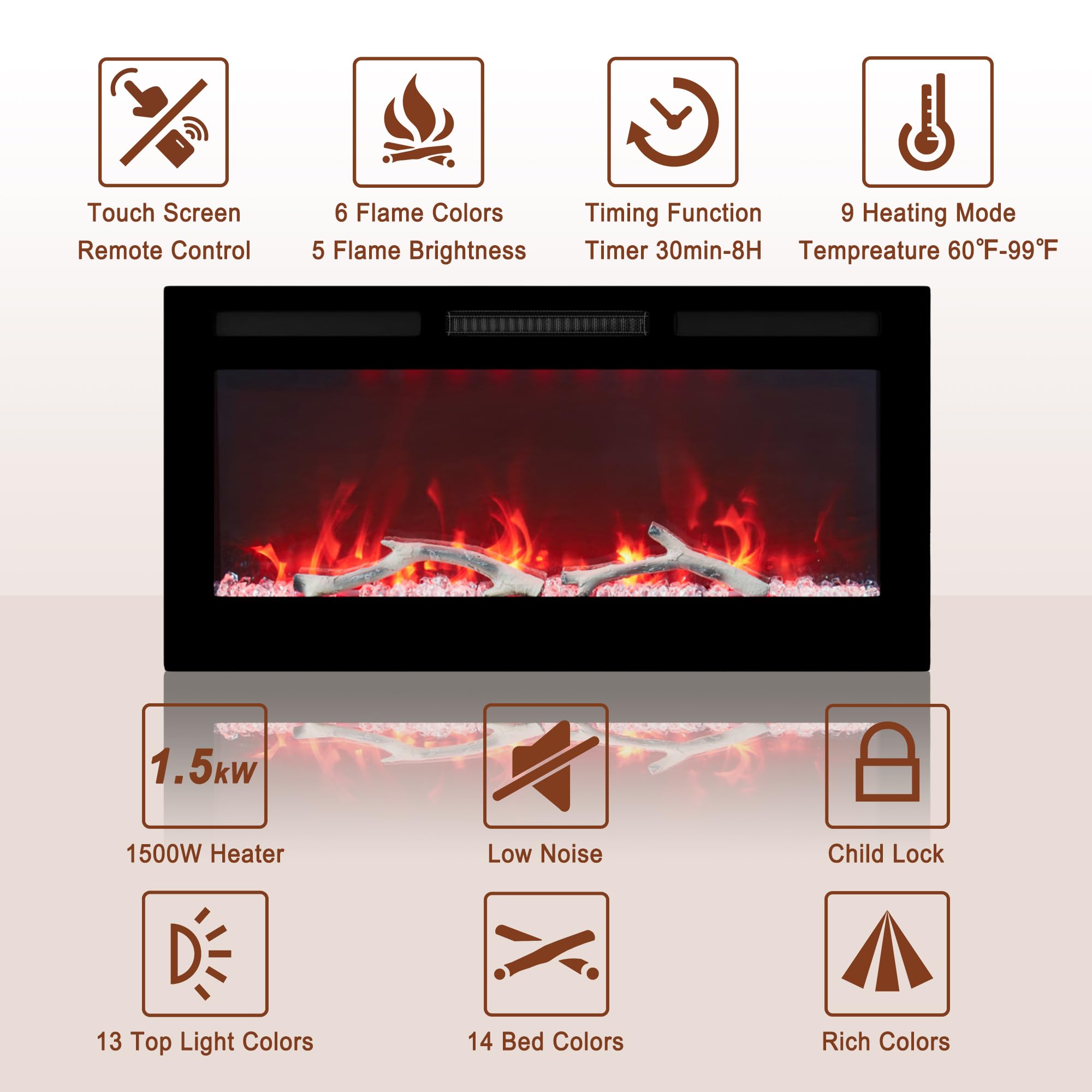 36 Inch Electric Fireplace Recessed and Wall Mounted, LED Linear Fireplace with Remote Control Ultra-Thin and Low Noise 1500W Adjustable 6 Flame Options, Timer