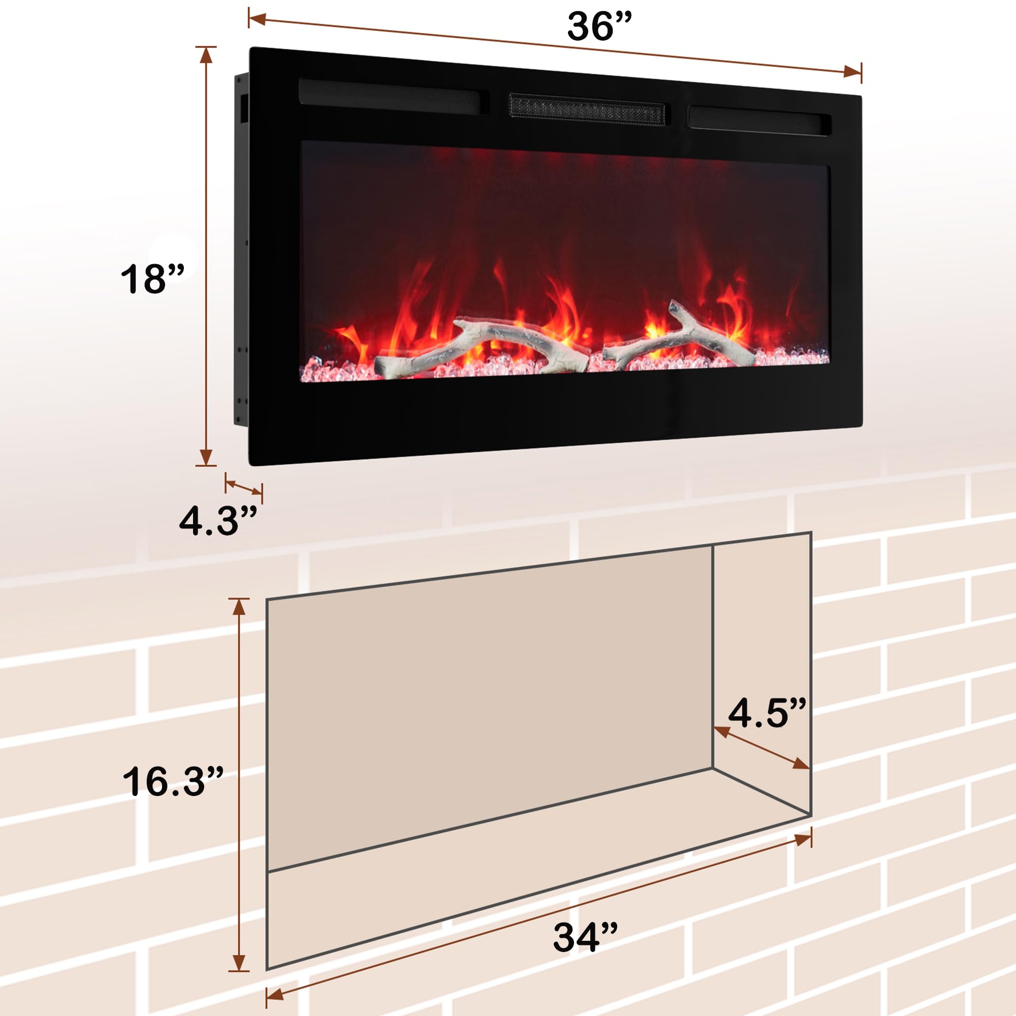 36 Inch Electric Fireplace Recessed and Wall Mounted, LED Linear Fireplace with Remote Control Ultra-Thin and Low Noise 1500W Adjustable 6 Flame Options, Timer