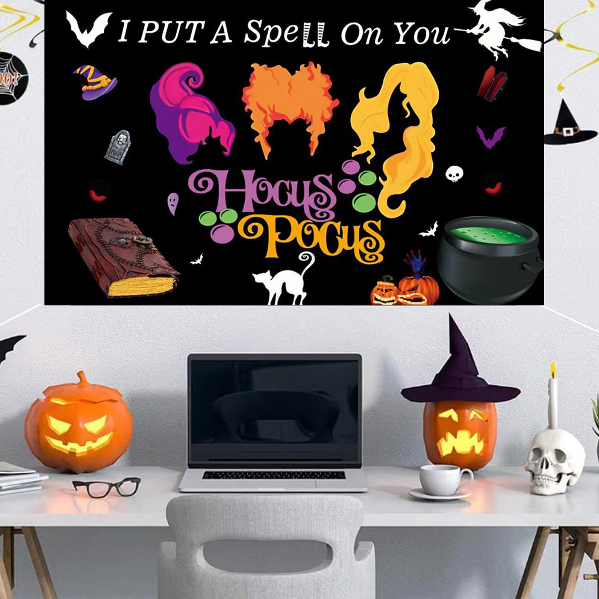 Hocus Pocus Decorations Banner, Hocus Pocus Decor Backdrop I Put A Spell On You Banner Hocus Pocus for Halloween Party Decorations 71" X 43"