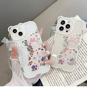 CHEAP SUNDAY for iPhone 13 Floral Bear Clearcase with Flower Design Aesthetic Phone Case for iPhone 13 Womens Girly Glitter Cute Shockproof Protective Cover with Phone Holder (Bear Design)