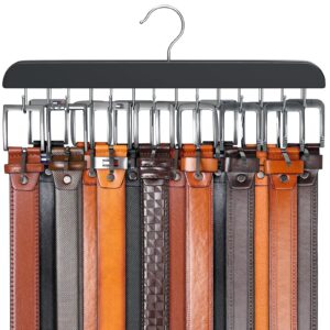 resovo belt hanger for closet max 42 belts, sturdy wood belt rack closet accessories with 14 hooks belt organizer for closet organizers and storage -black 1 pack