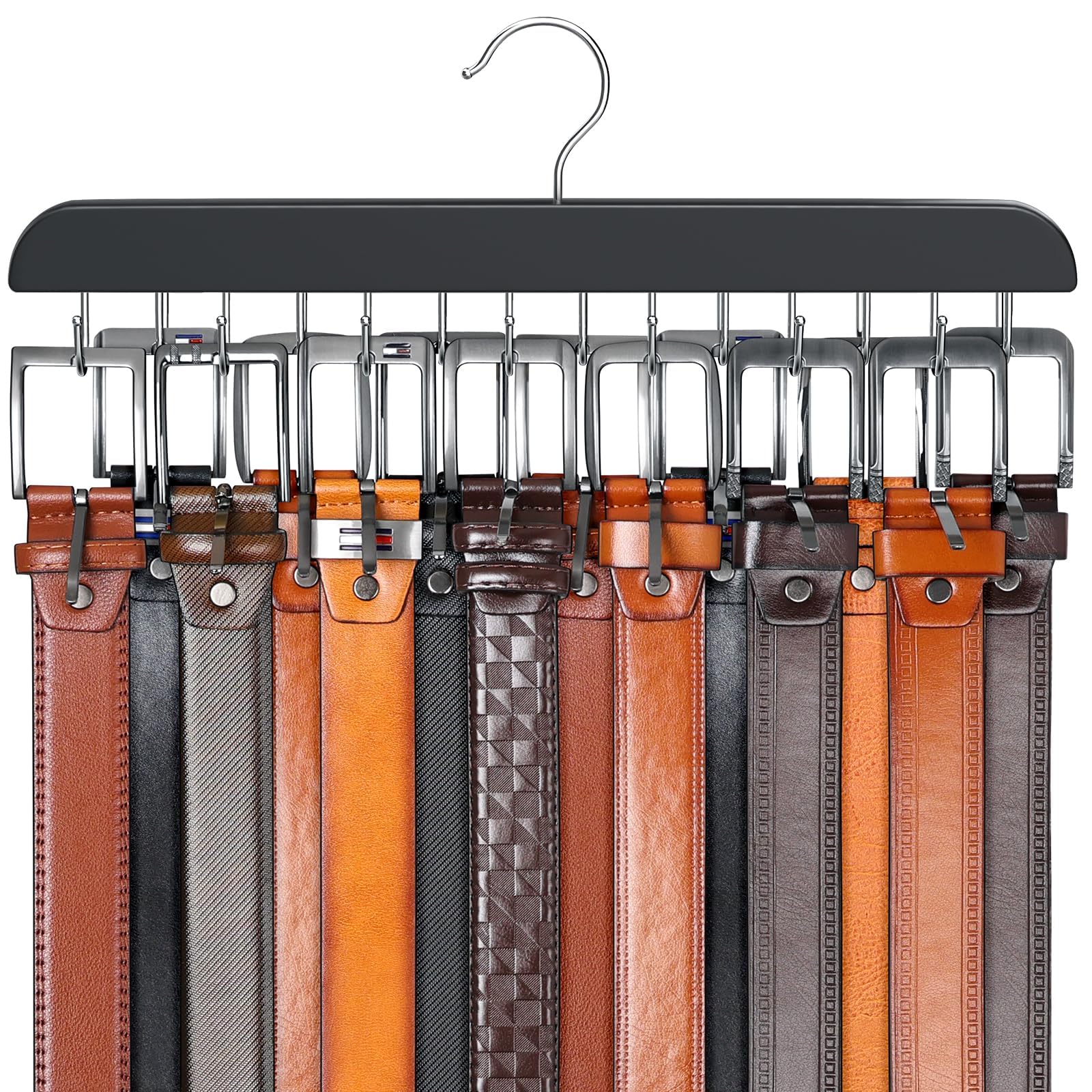 Resovo Belt Hanger for Closet Max 42 Belts, Sturdy Wood Belt Rack Closet Accessories with 14 Hooks Belt Organizer for Closet Organizers and Storage -Black 1 Pack