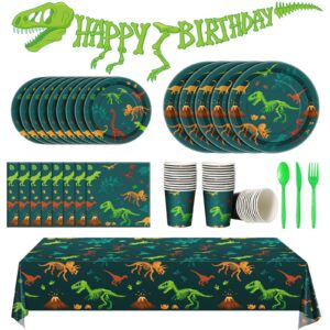 uiifan 171 pcs dinosaur party supplies include dinosaur birthday paper plates cups napkins tableware set dinosaur tablecloth banner for boys kids baby shower dino theme birthday party decorations