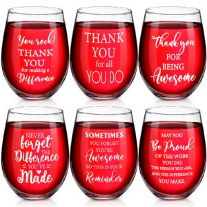 mumufy 6 pieces thank you stemless wine glass gifts for women, inspirational 17oz cups for her coworker friends teacher, christmas appreciation birthday thanksgiving day gifts cups, 6 styles