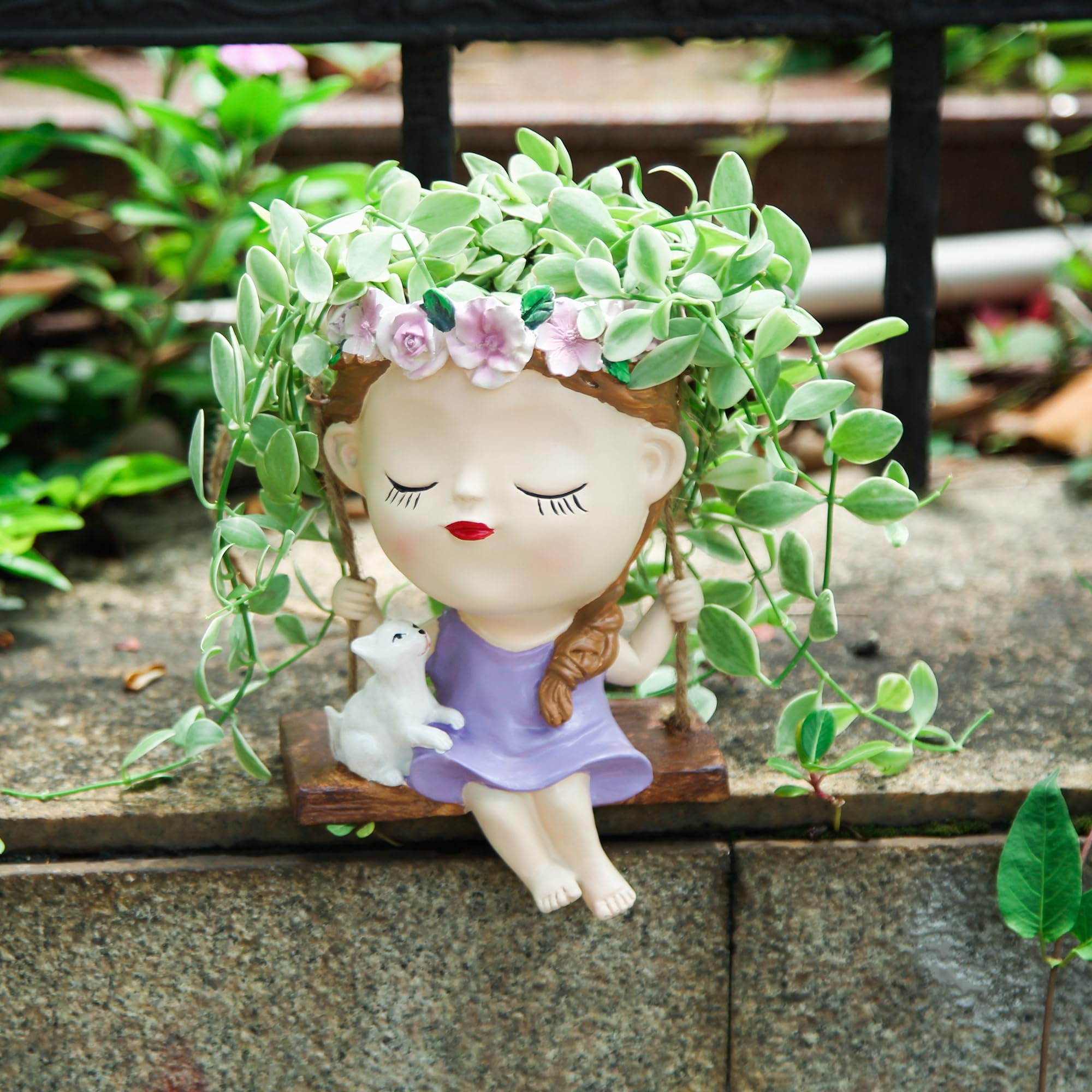 Mrsivrop Hanging Swing Face Planters Pots for Indoor Outdoor Plants, Cute Wall Hanging Planters, Large Unique Head Flower Planter Pots for Outside with Drainage Holes, Purple