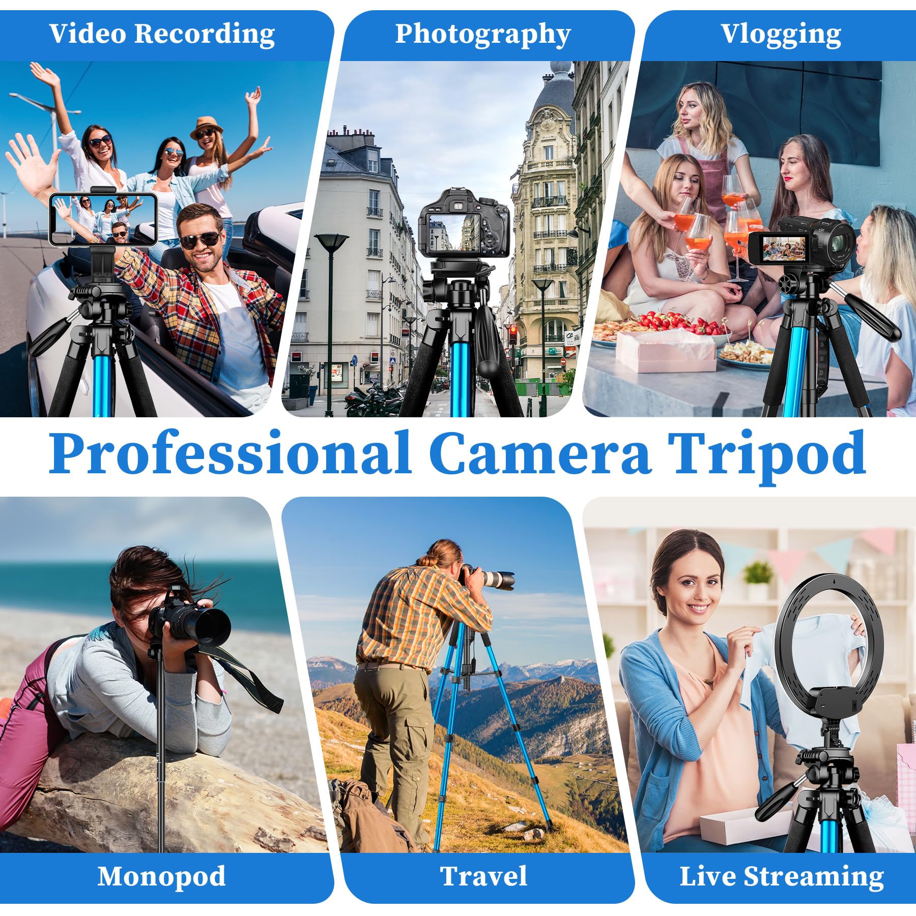 Camera Tripod, 72” Tripod for Camera Stand, Aluminum Heavy Duty Tripod for Video Photo, 5 in 1 Travel Camera Tripod & Monopod Compatible with Canon Nikon Cameras DSLR Camcorder Projector Phone