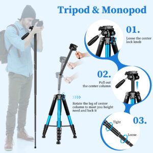 Camera Tripod, 72” Tripod for Camera Stand, Aluminum Heavy Duty Tripod for Video Photo, 5 in 1 Travel Camera Tripod & Monopod Compatible with Canon Nikon Cameras DSLR Camcorder Projector Phone