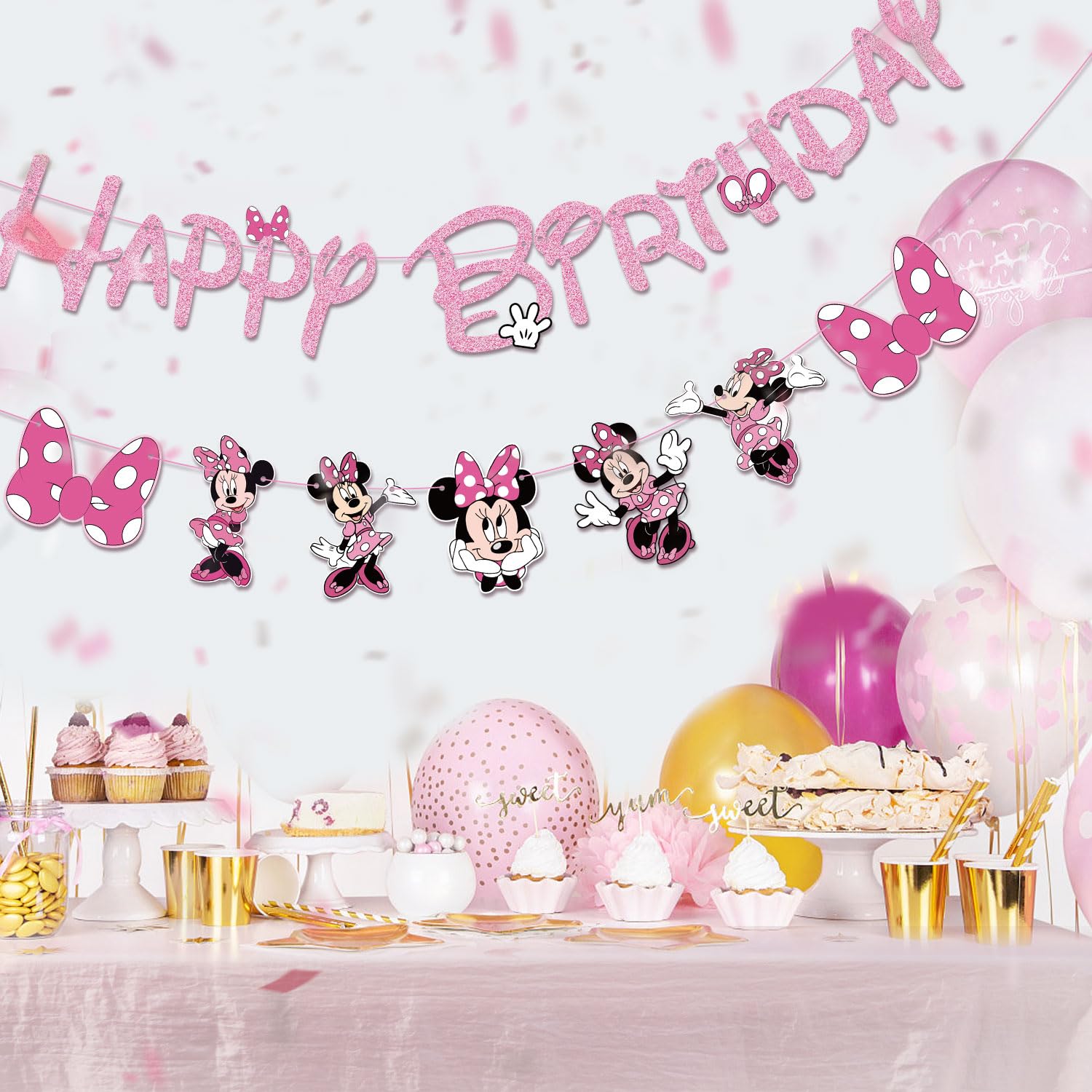 Pink Mouse Birthday Banner for Girls, Mouse Birthday Party Decorations Pink Mouse Themed Birthday Banner for Girl 1st 2nd 3rd Birthday Party Baby Shower Decorations